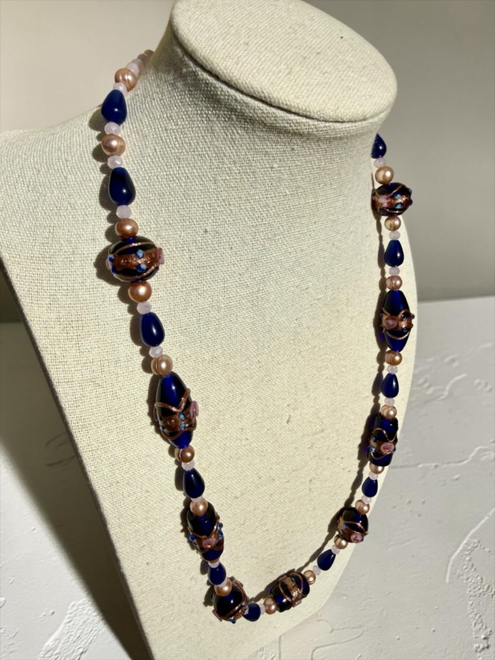 Venetian Wedding Cake Bead Necklace Blue Jade Genuine Pearl Pink Crystal 20” - Picture 6 of 17